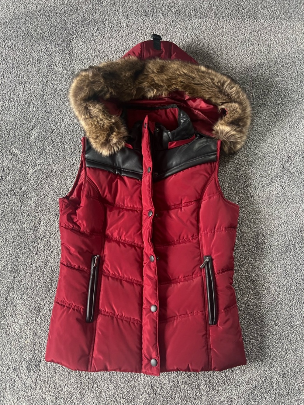Women’s Red Quilted Puffer Vest with Faux Fur Hood